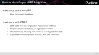 24
Next steps with the vMRF
• Close the loop with Casablanca
Next steps with ONAP
• 2018 - 2019: Time for evangelization, PoCs and first field Trials
• More than a technical challenge, an organization revolution
• ONAP community still young: work needed to be really production really
• Support LFN verification program including ONAP VNF certification
Radisys MediaEngine vMRF Integration
 