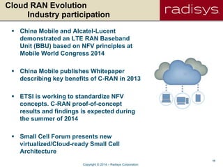 10
Cloud RAN Evolution
Industry participation
 China Mobile and Alcatel-Lucent
demonstrated an LTE RAN Baseband
Unit (BBU) based on NFV principles at
Mobile World Congress 2014
 China Mobile publishes Whitepaper
describing key benefits of C-RAN in 2013
 ETSI is working to standardize NFV
concepts. C-RAN proof-of-concept
results and findings is expected during
the summer of 2014
 Small Cell Forum presents new
virtualized/Cloud-ready Small Cell
Architecture
Copyright © 2014 – Radisys Corporation
 