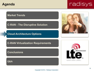 12
Agenda
Market Trends
C-RAN - The Disruptive Solution
Cloud Architecture Options
C-RAN Virtualization Requirements
Conclusions
Q&A
Copyright © 2014 – Radisys Corporation
 