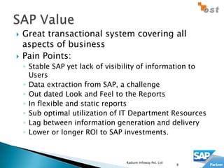    Great transactional system covering all
    aspects of business
   Pain Points:
    ◦ Stable SAP yet lack of visibility of information to
      Users
    ◦ Data extraction from SAP, a challenge
    ◦ Out dated Look and Feel to the Reports
    ◦ In flexible and static reports
    ◦ Sub optimal utilization of IT Department Resources
    ◦ Lag between information generation and delivery
    ◦ Lower or longer ROI to SAP investments.



                                 Radium Infoway Pvt. Ltd
                                                           8
 