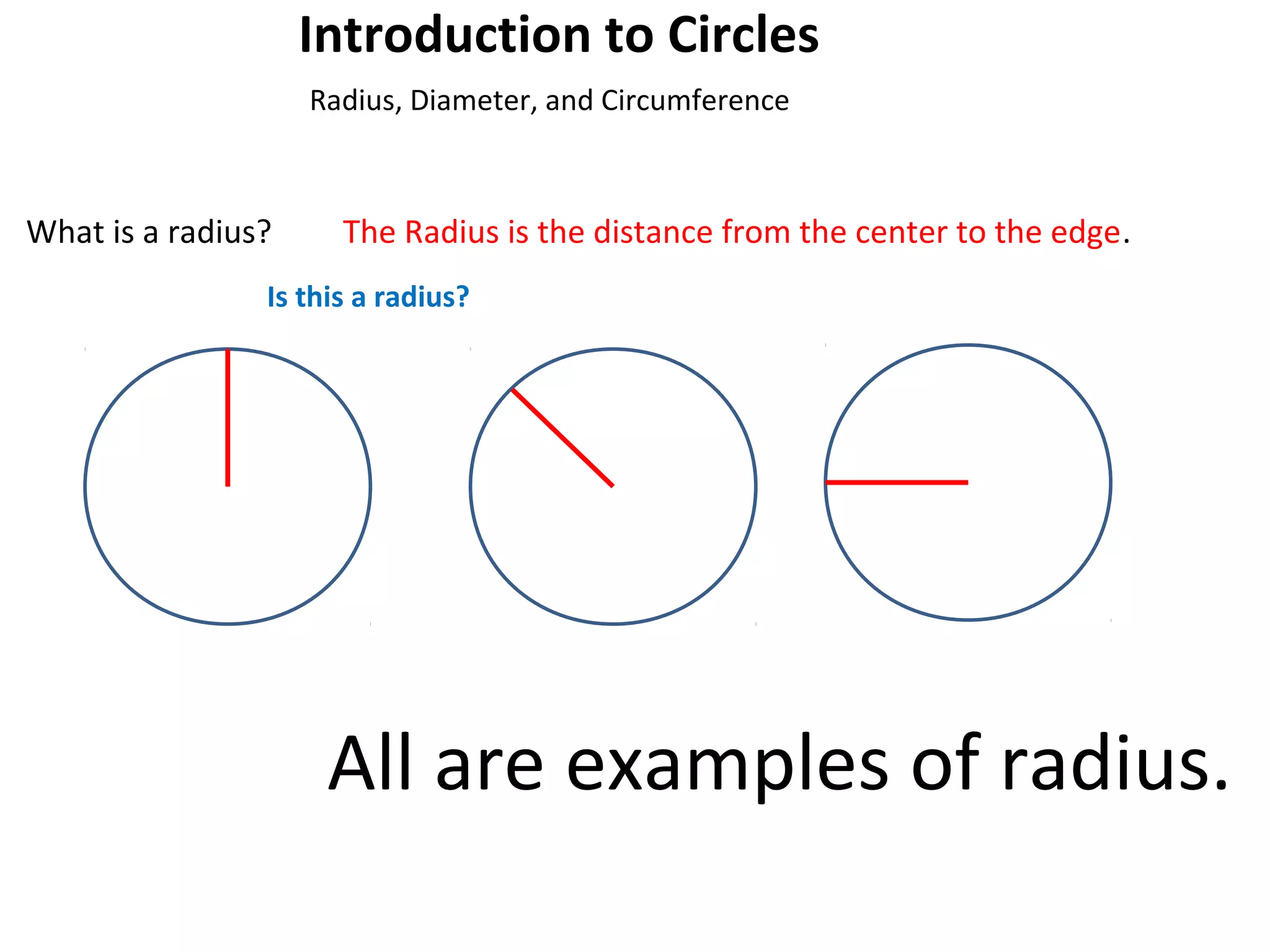 Introduction to Circles
Radius, Diameter, and Circumference

What is a radius?

The Radius is the distance from the center to the edge.

Is this a radius?

All are examples of radius.

 