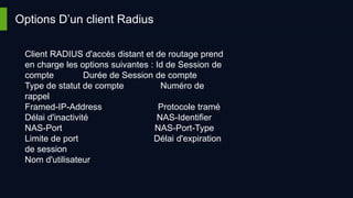 Options D’un client Radius
Client RADIUS d'accès distant et de routage prend
en charge les options suivantes : Id de Session de
compte Durée de Session de compte
Type de statut de compte Numéro de
rappel
Framed-IP-Address Protocole tramé
Délai d'inactivité NAS-Identifier
NAS-Port NAS-Port-Type
Limite de port Délai d'expiration
de session
Nom d'utilisateur
 