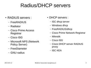 2015-05-12 Roberto Innocente inno@sissa.it 3
Radius/DHCP servers
● RADIUS servers :
– FreeRADIUS
– Radiator
– Cisco Prime Access
Registrar
– Cisco ISG
– Microsoft NPS (Network
Policy Server)
– FreeDiameter
– GNU radius
● DHCP servers :
– ISC dhcp server
– Windows dhcp
– FreeRADIUS/dhcp
– Cisco Prime Network Registrar
– Mikrotik
– Cisco ISG
– Cisco DHCP server RADIUS
proxy
– ISC KEA
 