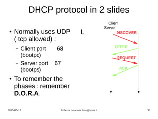 2015-05-12 Roberto Innocente inno@sissa.it 30
DHCP protocol in 2 slides
● Normally uses UDP
( tcp allowed) :
– Client port 68
(bootpc)
– Server port 67
(bootps)
● To remember the
phases : remember
D.O.R.A.
Client
Server
DISCOVER
OFFER
REQUEST
ACK
L
 