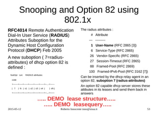2015-05-12 Roberto Innocente inno@sissa.it 53
Snooping and Option 82 using
802.1x
RFC4014 Remote Authentication
Dial-In User Service (RADIUS)
Attributes Suboption for the
Dynamic Host Configuration
Protocol (DHCP) Feb 2005
A new suboption ( 7=radius-
attributes) of dhcp option 82 is
defined :
SubOpt Len RADIUS attributes
code
+-------+-----+------+------+------+------+--...-+------
| 7 | N | o1 | o2 | o3 | o4 | | oN |
+-------+-----+------+------+------+------+--...-+------
The radius attributes :
# Attribute
--- ---------
1 User-Name (RFC 2865 [3])
6 Service-Type (RFC 2865)
26 Vendor-Specific (RFC 2865)
27 Session-Timeout (RFC 2865)
88 Framed-Pool (RFC 2869)
100 Framed-IPv6-Pool (RFC 3162 [7])
Can be inserted by the dhcp relay agent in an
option 82, suboption 7 (radius-attributes)
An option 82 capable dhcp server stores these
attibutes in its leases and send them back in
answers
….. DEMO lease structure…..
….. DEMO leasequery…..
 