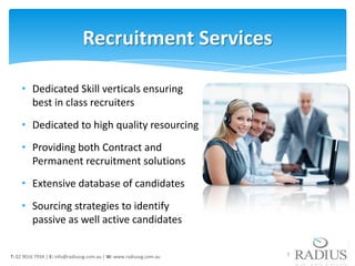 Recruitment Services

    • Dedicated Skill verticals ensuring
      best in class recruiters
    • Dedicated to high quality resourcing
    • Providing both Contract and
      Permanent recruitment solutions
    • Extensive database of candidates
    • Sourcing strategies to identify
      passive as well active candidates


T: 02 9016 7934 | E: info@radiussg.com.au | W: www.radiussg.com.au   7
 