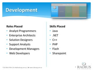 Development

      Roles Placed                                                   Skills Placed
      • Analyst Programmers                                          • Java
      • Enterprise Architects                                        • .NET
      • Solution Designers                                           • C++
      • Support Analysts                                             • PHP
      • Development Managers                                         • Flash
      • Web Developers                                               • Sharepoint



T: 02 9016 7934 | E: info@radiussg.com.au | W: www.radiussg.com.au                   8
 