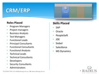 CRM/ERP
      Roles Placed                                                   Skills Placed
      •   Program Managers                                           •   SAP
      •   Project managers
                                                                     •   Oracle
      •   Business Analysts
      •   Test Managers                                              •   PeopleSoft
      •   Functional Leads                                           •   JDE
      •   Principal Consultants                                      •   Siebel
      •   Functional Consultants                                     •   Salesforce
      •   Functional Analysts                                        •   MS Dynamics
      •   Technical Leads
      •   Technical Consultants
      •   Developers
      •   Security Consultants
      •   Administrators
T: 02 9016 7934 | E: info@radiussg.com.au | W: www.radiussg.com.au                     9
 