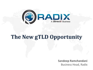 A      Business




The New gTLD Opportunity



                 Sandeep Ramchandani
                   Business Head, Radix
 