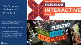 20
End Customer
Conferences -
SXSW 2015
• One of the biggest Interactive &
Tech conferences globally
• Over 72,000 registrations so far.
• Many start up and tech
companies are present for this
event- Engaging with the target
market for .tech & .site
 