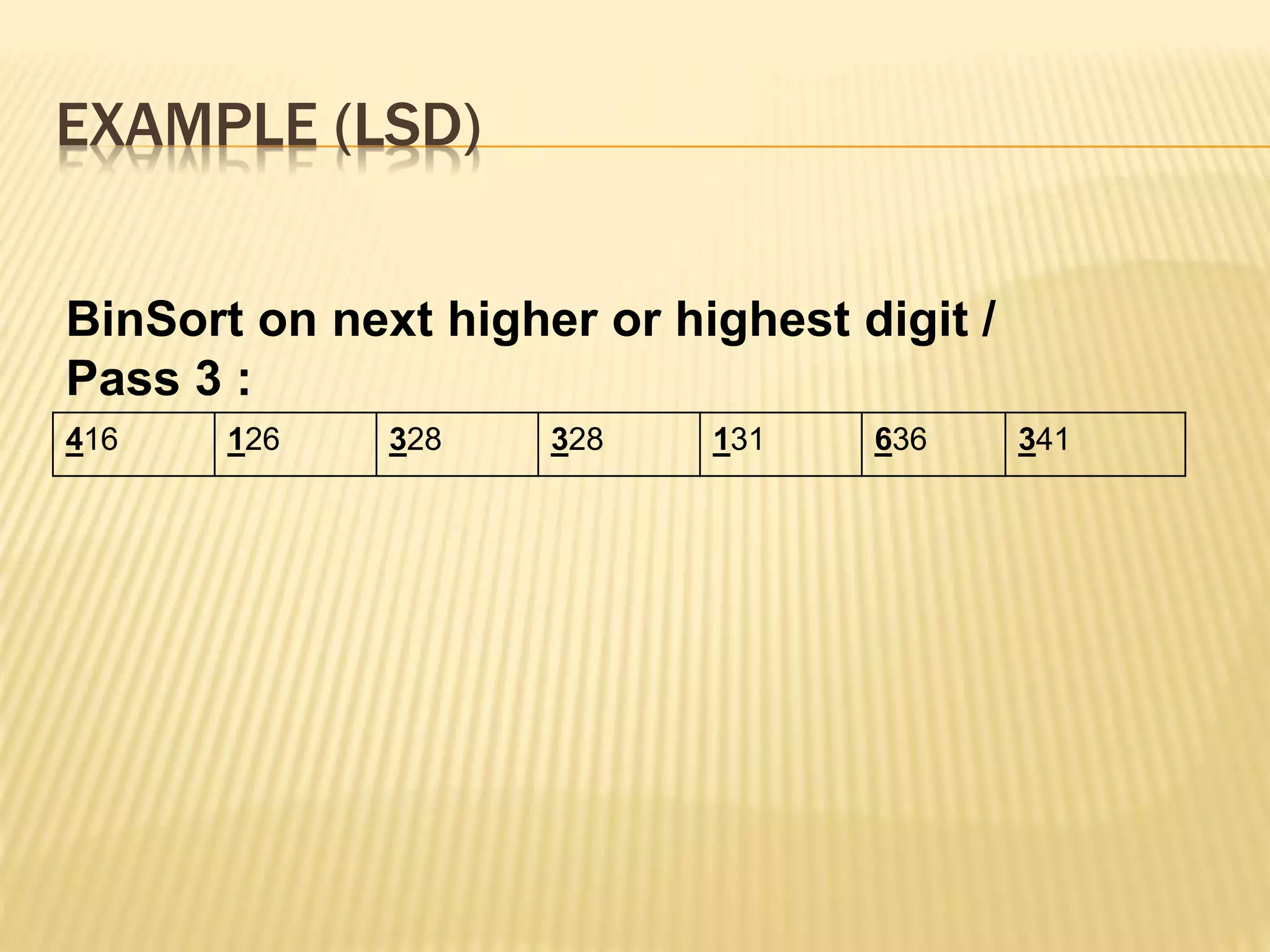 EXAMPLE (LSD)
416 126 328 328 131 636 341
BinSort on next higher or highest digit /
Pass 3 :
 