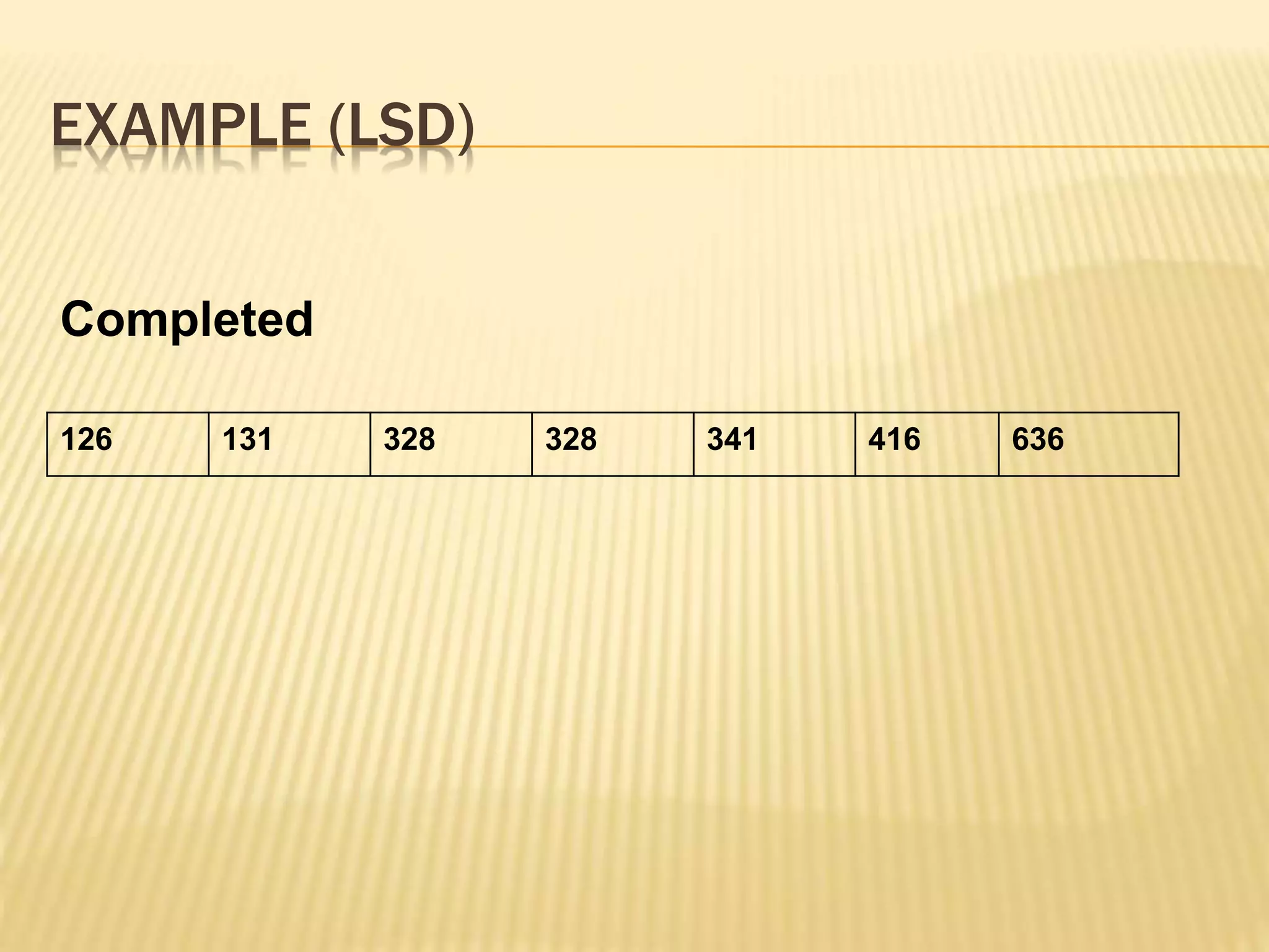 EXAMPLE (LSD)
126 131 328 328 341 416 636
Completed
 