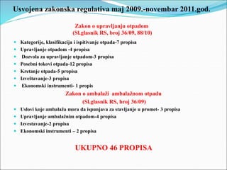 Usvojena zakonska regulativa maj 2009.-novembar 2011.god.
Zakon o upravljanju otpadom
(Sl.glasnik RS, broj 36/09, 88/10)
 Kategorije, klasifikacija i ispitivanje otpada-7 propisa
 Upravljanje otpadom -4 propisa
 Dozvola za upravljanje utpadom-3 propisa
 Posebni tokovi otpada-12 propisa
 Kretanje otpada-5 propisa
 Izveštavanje-3 propisa
 Ekonomski instrumenti- 1 propis
Zakon o ambalaži ambalažnom otpadu
(Sl.glasnik RS, broj 36/09)
 Uslovi koje ambalaža mora da ispunjava za stavljanje u promet- 3 propisa
 Upravljanje ambalažnim otpadom-4 propisa
 Izvestavanje-2 propisa
 Ekonomski instrumenti – 2 propisa
UKUPNO 46 PROPISA
 