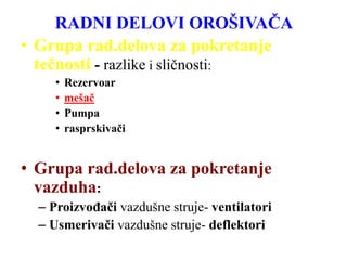 RADNI DELOVI OROŠIVAČA
• Grupa rad.delova za pokretanje
tečnosti - razlike i sličnosti:
• Rezervoar
• mešač
• Pumpa
• rasprskivači
• Grupa rad.delova za pokretanje
vazduha:
– Proizvođači vazdušne struje- ventilatori
– Usmerivači vazdušne struje- deflektori
 