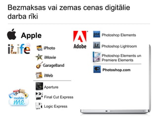Bezmaksas vai zemas cenas digitālie darba rīki Aperture Logic Express Final Cut Express Photoshop Elements Photoshop Lightroom Photoshop.com Photoshop Elements un Premiere Elements 