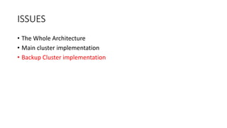 ISSUES
• The Whole Architecture
• Main cluster implementation
• Backup Cluster implementation
 