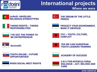 International projects
Where we were
UnReSt: UNVEILING
RELIGIOUS STEREOTYPES

THE DREAM OF THE LITTLE
PRINCE

TAKING RIGHTS – TAKING
RESPONSIBILITIES

PROCECT YOUR ENVIRONMENT.
MAKE IT OBVIOUS!

I’VE GOT THE POWER TO
BE ENTREPRENEUR

YCC – YOUTH, CULTURE,
CONFLICT

SeminaR3

YES WE CAN! EUROPEAN
YOUTH LEADERS TRAINING

YOUTH ONLINE – FUTURE
OPPORTUNITIES!

ACADEMY OF SUCCESS

WHEN SOCIAL MEET RIGHTS

A B C FOR INTERCULTURAL
DIALOGUE – ACT, BELONG AND
CARE

 