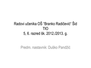 Radovi učenika OŠ “Branko Radičević“ Šid
TIO
5, 6. razred šk. 2012./2013. g.
Predm. nastavnik: Duško Pandžić
 