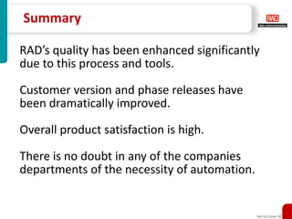Summary

RAD’s quality has been enhanced significantly
due to this process and tools.

Customer version and phase releases have
been dramatically improved.

Overall product satisfaction is high.

There is no doubt in any of the companies
departments of the necessity of automation.


                                              XXX 2012 Slide 14
 