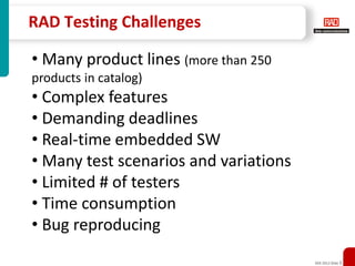 RAD Testing Challenges

• Many product lines (more than 250
products in catalog)
• Complex features
• Demanding deadlines
• Real-time embedded SW
• Many test scenarios and variations
• Limited # of testers
• Time consumption
• Bug reproducing
                                       XXX 2012 Slide 5
 