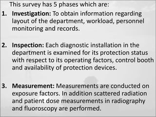 This survey has 5 phases which are: 
1. Investigation: To obtain information regarding 
layout of the department, workload, personnel 
monitoring and records. 
2. Inspection: Each diagnostic installation in the 
department is examined for its protection status 
with respect to its operating factors, control booth 
and availability of protection devices. 
3. Measurement: Measurements are conducted on 
exposure factors. In addition scattered radiation 
and patient dose measurements in radiography 
and fluoroscopy are performed. 
 
