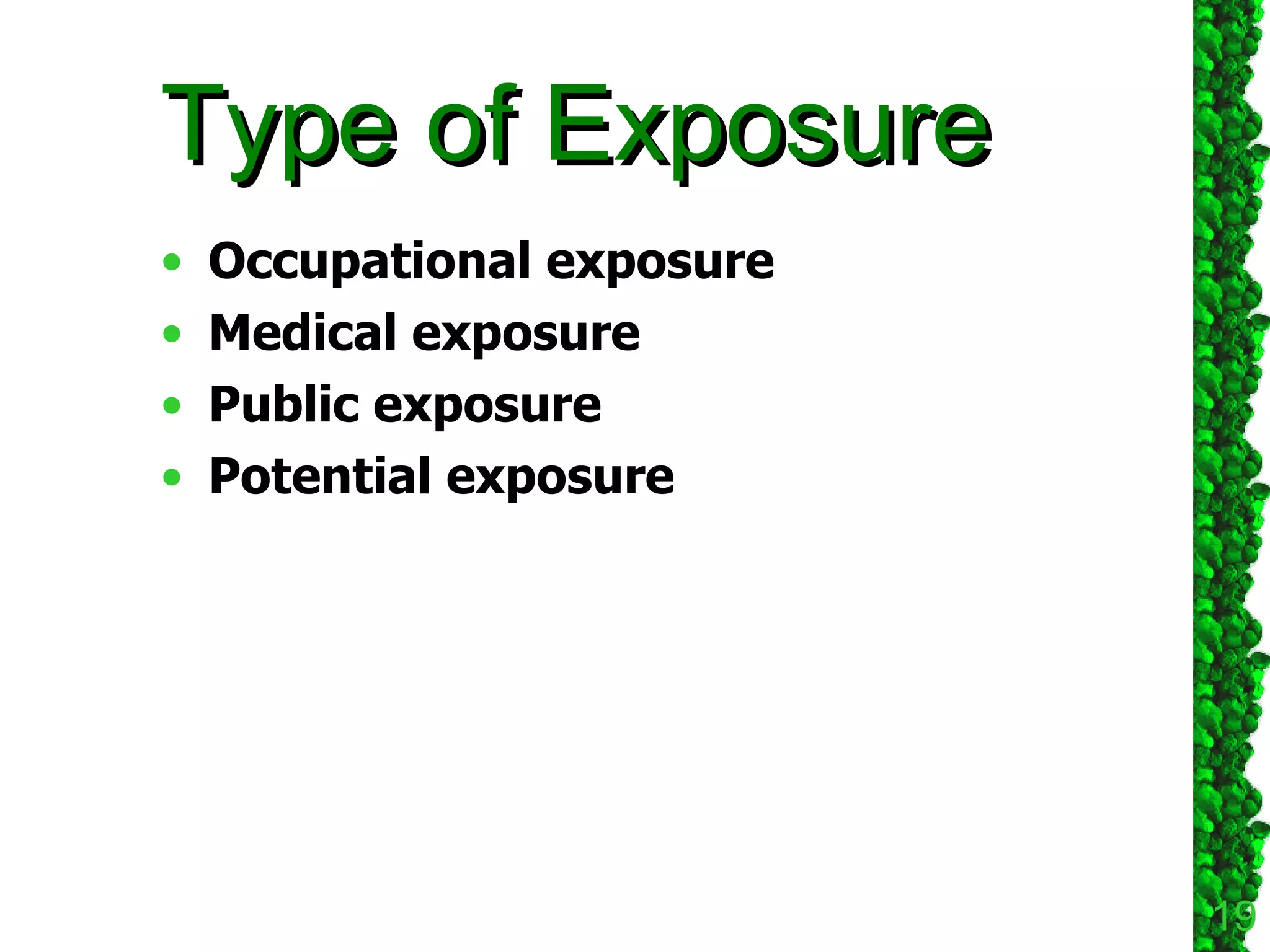 Type of Exposure Occupational exposure Medical exposure Public exposure Potential exposure 