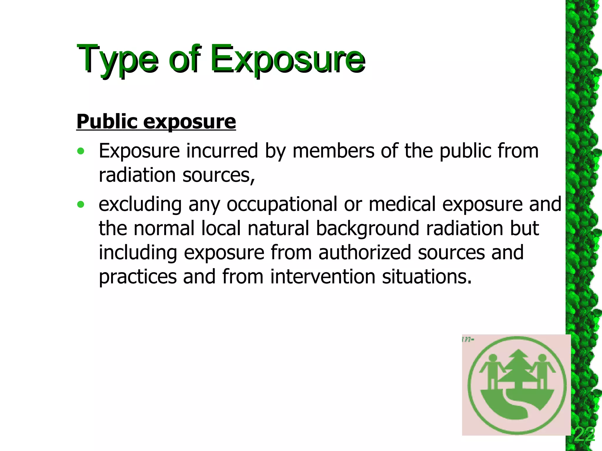 Type of Exposure Public exposure Exposure incurred by members of the public from radiation sources,  excluding any occupational or medical exposure and the normal local natural background radiation but including exposure from authorized sources and practices and from intervention situations. 