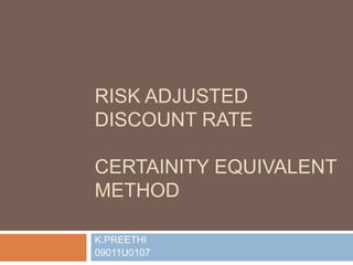 RISK ADJUSTED
DISCOUNT RATE
CERTAINITY EQUIVALENT
METHOD
K.PREETHI
09011U0107
 