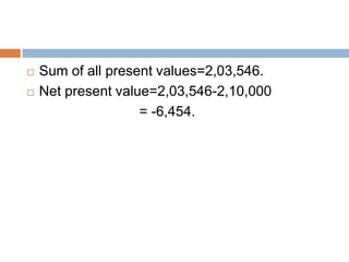 Sum of all present values=2,03,546.
 Net present value=2,03,546-2,10,000
= -6,454.
 