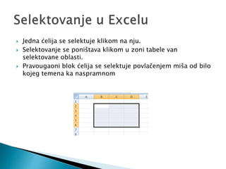  Jedna ćelija se selektuje klikom na nju. 
 Selektovanje se poništava klikom u zoni tabele van 
selektovane oblasti. 
 Pravougaoni blok ćelija se selektuje povlačenjem miša od bilo 
kojeg temena ka naspramnom 
 