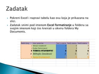 Pokreni Excel i napravi tabelu kao ovu koja je prikazana na 
slici. 
 Zadatak snimi pod imenom Excel formatiranje u folderu sa 
svojim imenom koji ćes kreirati u okviru foldera My 
Documents. 
