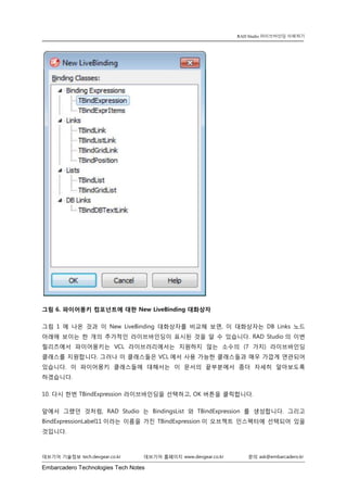 Embarcadero Technologies Tech Notes 
데브기어 기술정보 tech.devgear.co.kr 데브기어 홈페이지 www.devgear.co.kr 문의 ask@embarcadero.kr 
RAD Studio 라이브바인딩 이해하기 
그림 6. 파이어몽키 컴포넌트에 대한 New LiveBinding 대화상자 
그림 1에 나온 것과 이 New LiveBinding 대화상자를 비교해 보면, 이 대화상자는 DB Links 노드 아래에 보이는 한 개의 추가적인 라이브바인딩이 표시된 것을 알 수 있습니다. RAD Studio의 이번 릴리즈에서 파이어몽키는 VCL 라이브러리에서는 지원하지 않는 소수의 (7가지) 라이브바인딩 클래스를 지원합니다. 그러나 이 클래스들은 VCL에서 사용 가능한 클래스들과 매우 가깝게 연관되어 있습니다. 이 파이어몽키 클래스들에 대해서는 이 문서의 끝부분에서 좀더 자세히 알아보도록 하겠습니다. 
10. 다시 한번 TBindExpression 라이브바인딩을 선택하고, OK 버튼을 클릭합니다. 
앞에서 그랬던 것처럼, RAD Studio는 BindingsList와 TBindExpression를 생성합니다. 그리고 BindExpressionLabel11이라는 이름을 가진 TBindExpression이 오브젝트 인스펙터에 선택되어 있을 것입니다.  