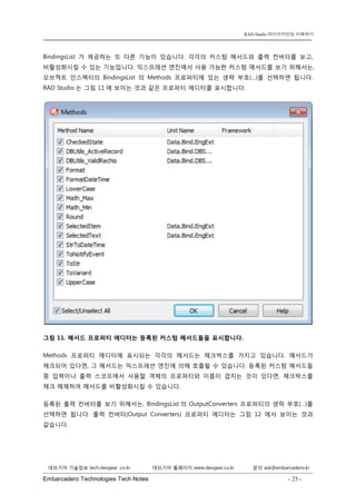 Embarcadero Technologies Tech Notes - 25 - 
RAD Studio 라이브바인딩 이해하기 
데브기어 기술정보 tech.devgear .co.kr 데브기어 홈페이지 www.devgear.co.kr 문의 ask@embarcadero.kr 
1 MDM 
BindingsList가 제공하는 또 다른 기능이 있습니다. 각각의 커스텀 메서드와 출력 컨버터를 보고, 비활성화시킬 수 있는 기능입니다. 익스프레션 엔진에서 사용 가능한 커스텀 메서드를 보기 위해서는, 오브젝트 인스펙터의 BindingsList의 Methods 프로퍼티에 있는 생략 부호(…)를 선택하면 됩니다. RAD Studio는 그림 11에 보이는 것과 같은 프로퍼티 에디터를 표시합니다. 
그림 11. 메서드 프로퍼티 에디터는 등록된 커스텀 메서드들을 표시합니다. 
Methods 프로퍼티 에디터에 표시되는 각각의 메서드는 체크박스를 가지고 있습니다. 메서드가 체크되어 있다면, 그 메서드는 익스프레션 엔진에 의해 호출될 수 있습니다. 등록된 커스텀 메서드들 중 입력이나 출력 스코프에서 사용할 객체의 프로퍼티와 이름이 겹치는 것이 있다면, 체크박스를 체크 해제하여 메서드를 비활성화시킬 수 있습니다. 
등록된 출력 컨버터를 보기 위해서는, BindingsList의 OutputConverters 프로퍼티의 생략 부호(…)를 선택하면 됩니다. 출력 컨버터(Output Converters) 프로퍼티 에디터는 그림 12에서 보이는 것과 같습니다.  
