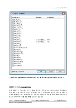 Embarcadero Technologies Tech Notes 
데브기어 기술정보 tech.devgear.co.kr 데브기어 홈페이지 www.devgear.co.kr 문의 ask@embarcadero.kr 
RAD Studio 라이브바인딩 이해하기 
그림 12. 출력 컨버터(Output Converters) 프로퍼티 에디터는 등록된 출력 컨버터를 표시합니다. 
바인드스코프 (BINDSCOPE) 
앞서 설명했듯이, 익스프레션 엔진은 제대로 동작하기 위해서 하나 이상의 스코프가 필요합니다. 예를 들어, 입력 스코프가 없다면, 익스프레션 엔진은 익스프레션에 제공된 리터럴과 자동으로 추가된 연산자만 가지고 동작해야 합니다. 여러분이 스코프를 추가할 때, 익스프레션에서 사용될 수 있는 프로퍼티와 메서드를 가진 객체를 넘겨줄 수 있습니다.  