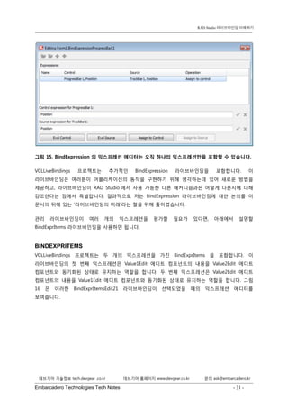 Embarcadero Technologies Tech Notes - 31 - 
RAD Studio 라이브바인딩 이해하기 
데브기어 기술정보 tech.devgear .co.kr 데브기어 홈페이지 www.devgear.co.kr 문의 ask@embarcadero.kr 
1 MDM 
그림 15. BindExpression 의 익스프레션 에디터는 오직 하나의 익스프레션만을 포함할 수 있습니다. 
VCLLiveBindings 프로젝트는 추가적인 BindExpression 라이브바인딩을 포함합니다. 이 라이브바인딩은 여러분이 어플리케이션의 동작을 구현하기 위해 생각하는데 있어 새로운 방법을 제공하고, 라이브바인딩이 RAD Studio에서 사용 가능한 다른 매커니즘과는 어떻게 다른지에 대해 강조한다는 점에서 특별합니다. 결과적으로 저는 BindExpression 라이브바인딩에 대한 논의를 이 문서의 뒤에 있는 ‘라이브바인딩의 미래’라는 절을 위해 줄이겠습니다. 
관리 라이브바인딩이 여러 개의 익스프레션을 평가할 필요가 있다면, 아래에서 설명할 BindExprItems 라이브바인딩을 사용하면 됩니다. 
BINDEXPRITEMS 
VCLLiveBindings 프로젝트는 두 개의 익스프레션을 가진 BindExprItems을 포함합니다. 이 라이브바인딩의 첫 번째 익스프레션은 Value1Edit 에디트 컴포넌트의 내용을 Value2Edit 에디트 컴포넌트와 동기화된 상태로 유지하는 역할을 합니다. 두 번째 익스프레션은 Value2Edit 에디트 컴포넌트의 내용을 Value1Edit 에디트 컴포넌트와 동기화된 상태로 유지하는 역할을 합니다. 그림 16은 이러한 BindExprItemsEdit21 라이브바인딩이 선택되었을 때의 익스프레션 에디터를 보여줍니다.  