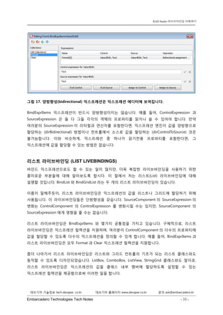 Embarcadero Technologies Tech Notes - 33 - 
RAD Studio 라이브바인딩 이해하기 
데브기어 기술정보 tech.devgear .co.kr 데브기어 홈페이지 www.devgear.co.kr 문의 ask@embarcadero.kr 
1 MDM 
그림 17. 양방향성(bidirectional) 익스프레션은 익스프레션 에디터에 보여집니다. 
BindExprItems 익스프레션이 반드시 양방향성이지는 않습니다. 예를 들어, ControlExpression과 SourceExpression은 둘 다 그들 각각의 객체의 프로퍼티를 읽거나 쓸 수 있어야 합니다. 만약 여러분의 SourceExpression이 리터럴과 연산자를 포함한다면, 익스프레션 엔진이 값을 양방향으로 할당하는 (dirBidirectional) 방법이나 컨트롤에서 소스로 값을 할당하는 (dirControlToSource) 것은 불가능합니다. 이와 비슷하게, 익스프레션 중 하나가 읽기전용 프로퍼티를 포함한다면, 그 익스프레션에 값을 할당할 수 있는 방법은 없습니다. 
리스트 라이브바인딩 (LIST LIVEBINDINGS) 
바인드 익스프레션으로도 할 수 있는 일이 많지만, 더욱 복잡한 라이브바인딩을 사용하기 위한 흥미로운 부분들에 대해 알아보도록 합시다. 이 절에서 저는 리스트(List) 라이브바인딩에 대해 설명할 것입니다. BindList와 BindGridList라는 두 개의 리스트 라이브바인딩이 있습니다. 
이름이 말해주듯이, 리스트 라이브바인딩은 익스프레션의 값을 리스트나 그리드에 할당하기 위해 사용됩니다. 이 라이브바인딩들은 단방향성을 갖습니다. SourceComponent의 SourceExpression의 변화는 ControlComponent의 ControlExpression를 변화시킬 수는 있지만, SourceComponent의 SourceExpression에게 영향을 줄 수는 없습니다. 
리스트 라이브바인딩은 BindExprItems와 몇가지 공통점을 가지고 있습니다. 구체적으로, 리스트 라이브바인딩은 익스프레션 컬렉션을 지원하며, 여러분이 ControlComponent의 다수의 프로퍼티에 값을 할당할 수 있도록 다수의 익스프레션을 정의할 수 있게 합니다. 예를 들어, BindExprItems과 리스트 라이브바인딩은 모두 Format과 Clear 익스프레션 컬렉션을 지원합니다. 
좀더 나아가서 리스트 라이브바인딩은 리스트와 그리드 컨트롤의 기초가 되는 리스트 클래스와도 동작할 수 있도록 디자인되었습니다. ListBox, ComboBox, ListView, StringGrid 클래스와도 말이죠. 리스트 라이브바인딩은 익스프레션의 값을 클래스 내부 멤버에 할당하도록 설정할 수 있는 익스프레션 컬렉션을 제공함으로써 이러한 일을 합니다.  