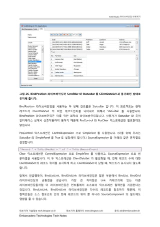 Embarcadero Technologies Tech Notes 
데브기어 기술정보 tech.devgear.co.kr 데브기어 홈페이지 www.devgear.co.kr 문의 ask@embarcadero.kr 
RAD Studio 라이브바인딩 이해하기 
그림 26. BindPosition 라이브바인딩은 ScrollBar와 StatusBar를 ClientDataSet과 동기화된 상태로 유지해 줍니다. 
BindPosition 라이브바인딩을 사용하는 두 번째 컨트롤은 StatusBar입니다. 이 프로젝트는 현재 레코드가 ClientDataSet의 어떤 레코드인지를 나타내기 위해서 StatusBar를 사용합니다. BindPosition 라이브바인딩은 이를 위한 최적의 라이브바인딩입니다. 사용자가 StatusBar와 유저 인터페이스 상에서 상호작용하지 못하기 때문에 PosControl와 PosClear 익스프레션만 필요한데도 말입니다. 
PosControl 익스프레션은 ControlExpression으로 SimpleText를 사용합니다. (이를 위해 우리는 StatusBar의 SimplePanel을 True로 설정해야 합니다.) SourceExpression을 아래의 같은 문자열로 설정합니다. 'Record ' + ToStr(RecNo) + ' of ' + ToStr(RecordCount) 
Clear 익스프레션은 ControlExpression으로 SimpleText를 사용하고, SourceExpression으로 빈 문자열을 사용합니다. 이 두 익스프레션은 ClientDataSet가 활성화될 때, 전체 레코드 수에 대한 ClientDataSet의 레코드 위치를 표시하게 하고, ClientDataSet이 닫힐 때, 텍스트가 표시되지 않도록 합니다. 
앞에서 언급했듯이, BindListLink, BindGridLink 라이브바인딩은 많은 부분에서 BindList, BindGrid 라이브바인딩과 공통점을 갖습니다. 가장 큰 차이점은 Link 카테고리에 있는 다른 라이브바인딩들처럼 이 라이브바인딩은 컨트롤에서 소스로의 익스프레션 컬렉션을 지원한다는 것입니다. BindListLink, BindGridLink 라이브바인딩은 다수의 레코드를 참조하기 때문에, 이 컬렉션들은 소스 컴포넌트 안의 현재 레코드의 위치 뿐 아니라 SourceComponent의 필드에도 영향을 줄 수 있습니다.  