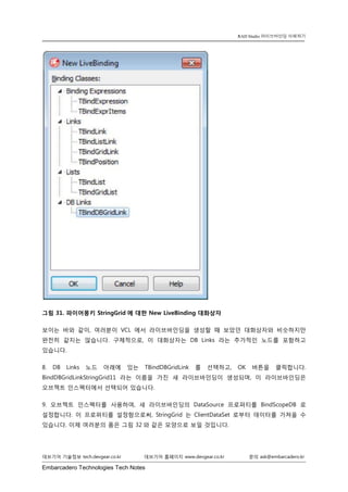 Embarcadero Technologies Tech Notes 
데브기어 기술정보 tech.devgear.co.kr 데브기어 홈페이지 www.devgear.co.kr 문의 ask@embarcadero.kr 
RAD Studio 라이브바인딩 이해하기 
그림 31. 파이어몽키 StringGrid에 대한 New LiveBinding 대화상자 
보이는 바와 같이, 여러분이 VCL에서 라이브바인딩을 생성할 때 보았던 대화상자와 비슷하지만 완전히 같지는 않습니다. 구체적으로, 이 대화상자는 DB Links 라는 추가적인 노드를 포함하고 있습니다. 
8. DB Links 노드 아래에 있는 TBindDBGridLink를 선택하고, OK 버튼을 클릭합니다. BindDBGridLinkStringGrid11라는 이름을 가진 새 라이브바인딩이 생성되며, 이 라이브바인딩은 오브젝트 인스펙터에서 선택되어 있습니다. 
9. 오브젝트 인스펙터를 사용하여, 새 라이브바인딩의 DataSource 프로퍼티를 BindScopeDB로 설정합니다. 이 프로퍼티를 설정함으로써, StringGrid는 ClientDataSet로부터 데이터를 가져올 수 있습니다. 이제 여러분의 폼은 그림 32와 같은 모양으로 보일 것입니다.  