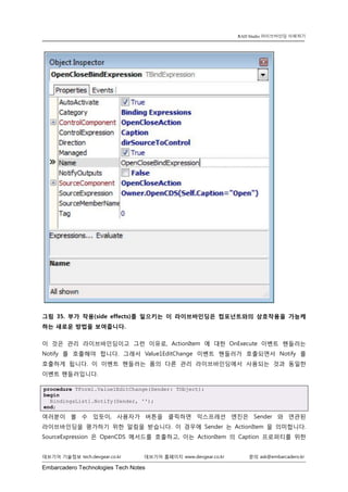 Embarcadero Technologies Tech Notes 
데브기어 기술정보 tech.devgear.co.kr 데브기어 홈페이지 www.devgear.co.kr 문의 ask@embarcadero.kr 
RAD Studio 라이브바인딩 이해하기 
그림 35. 부가 작용(side effects)를 일으키는 이 라이브바인딩은 컴포넌트와의 상호작용을 가능케 하는 새로운 방법을 보여줍니다. 
이 것은 관리 라이브바인딩이고 그런 이유로, ActionItem에 대한 OnExecute 이벤트 핸들러는 Notify를 호출해야 합니다. 그래서 Value1EditChange 이벤트 핸들러가 호출되면서 Notify를 호출하게 됩니다. 이 이벤트 핸들러는 폼의 다른 관리 라이브바인딩에서 사용되는 것과 동일한 이벤트 핸들러입니다. procedure TForm1.Value1EditChange(Sender: TObject); begin BindingsList1.Notify(Sender, ''); end; 
여러분이 볼 수 있듯이, 사용자가 버튼을 클릭하면 익스프레션 엔진은 Sender와 연관된 라이브바인딩을 평가하기 위한 알림을 받습니다. 이 경우에 Sender는 ActionItem을 의미합니다. SourceExpression은 OpenCDS 메서드를 호출하고, 이는 ActionItem의 Caption 프로퍼티를 위한  