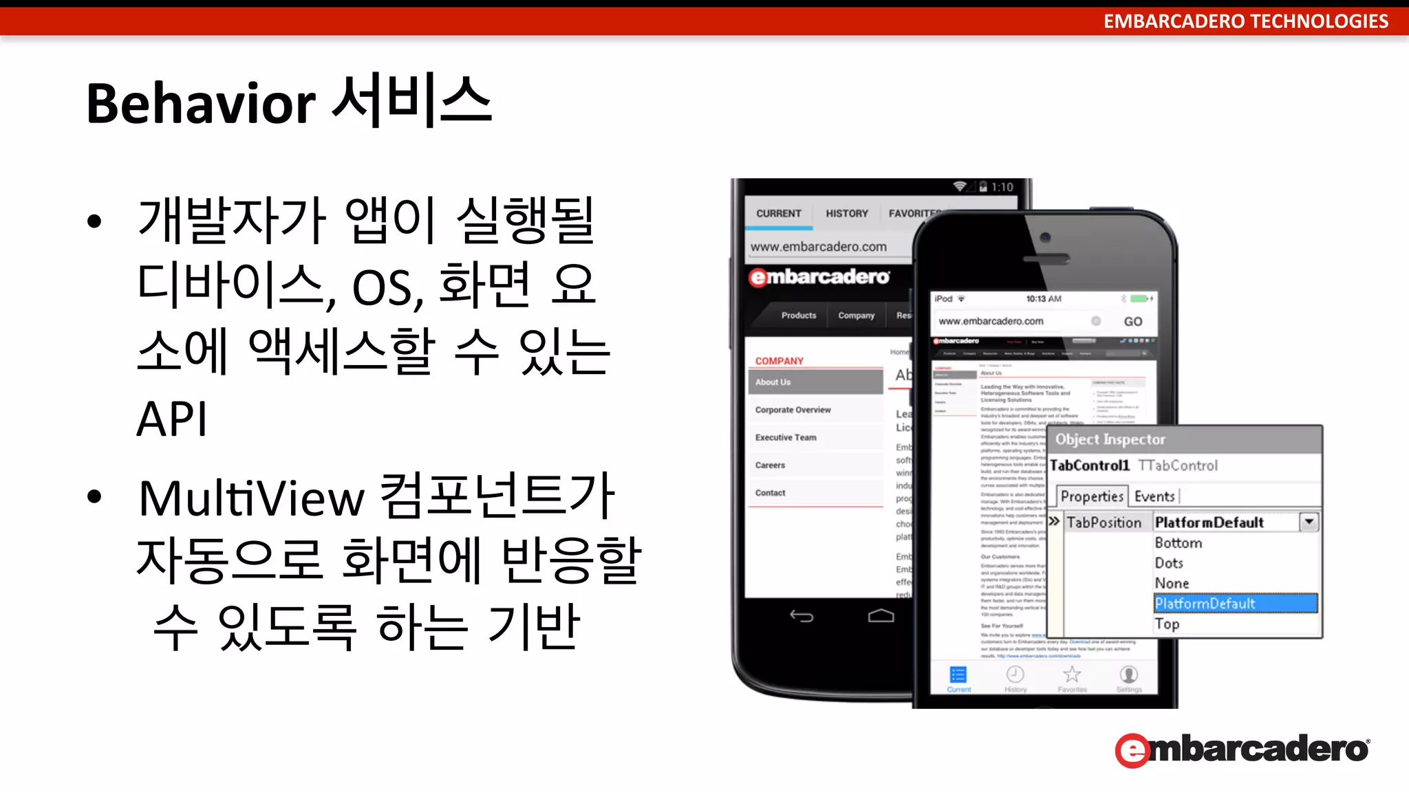 EMBARCADERO	
  TECHNOLOGIES	
  
FireUI	
  
•  엠바카데로의 기술 컬렉션으로 하나의 화면(UI) 폼을
서로 다른 모든 디바이스와 화면 비율에 적용	
  
–  멀티-­‐디바이스 디자이너	
  
–  MulNView	
  컴포넌트	
  
–  Behavior 서비스	
  
 