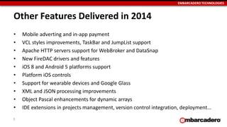 EMBARCADERO TECHNOLOGIES
Other Features Delivered in 2014
• Mobile adverting and in-app payment
• VCL styles improvements,...