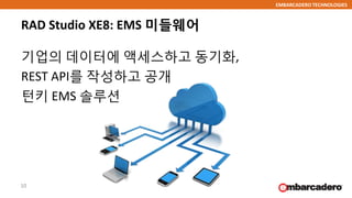 EMBARCADERO TECHNOLOGIES
RAD Studio XE8: EMS 미들웨어
기업의 데이터에 액세스하고 동기화,
REST API를 작성하고 공개
턴키 EMS 솔루션
10
 