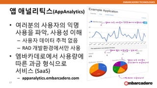 EMBARCADERO TECHNOLOGIES
앱 애널리틱스(AppAnalytics)
• 여러분의 사용자의 익명
사용을 파악, 사용성 이해
– 사용자 데이터 추적 없음
– RAD 개발환경에서만 사용
• 엠바카데로에서 사용량에
따른 과금 형식으로
서비스 (SaaS)
– appanalytics.embarcadero.com
37
 