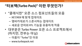 EMBARCADERO TECHNOLOGIES
“터보팩(Turbo Pack)” 이란 무엇인가?
• “클래식한” 오픈 소스 컴포넌트들의 모음
– XE7/XE8 에 맞게 업데이트
– 엠바카데로가 스폰서하는 업데이트
– 새로운 언어와 RTL 기능을 유용하게 적용
• 대부분은 Turbo Power 오픈 소스 프로젝트에서
(하지만, 전부는 아님)
– 이름이 “Turbo”인 이유
– www.turbopack.net
 