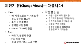 EMBARCADERO TECHNOLOGIES
체인지 뷰(Change Views)는 다릅니다!
• Have:
– DB 에 풋프린트가 거의 없음
– 필드 수준의 정교함
– 수준 높은 확장성
– 엄격한 보안 통제
– FireDAC 과 IBX와 통합
• Are:
– 빠르고, 손쉽게 구현
– SQL 쿼리 가능
– 멀티-유저 / 쓰레드에 안전
• 작별할 것들:
– 타임스템프 추적 필드들
– 업데이트를 위한 테이블 락킹
– 트리거들 위에 또 트리거들
– 테이블 구조 변경들
– 여러분의 DB를 장황하게
만들던 로그 테이블들
68
 