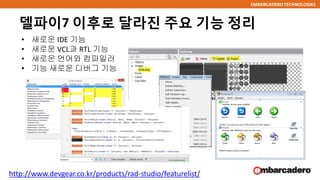 EMBARCADERO TECHNOLOGIES
델파이7 이후로 달라진 주요 기능 정리
http://www.devgear.co.kr/products/rad-studio/featurelist/
• 새로운 IDE 기능
• 새로운 VCL과 RTL 기능
• 새로운 언어와 컴파일러
• 기능 새로운 디버그 기능
 