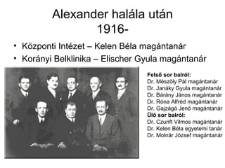 Alexander halála után
1916-
• Központi Intézet – Kelen Béla magántanár
• Korányi Belklinika – Elischer Gyula magántanár
Felső sor balról:
Dr. Mészöly Pál magántanár
Dr. Janáky Gyula magántanár
Dr. Bárány János magántanár
Dr. Róna Alfréd magántanár
Dr. Gajzágó Jenő magántanár
Ülő sor balról:
Dr. Czunft Vilmos magántanár
Dr. Kelen Béla egyetemi tanár
Dr. Molnár József magántanár
 