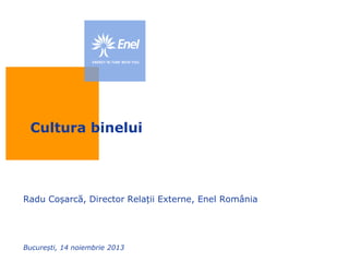 Cultura binelui

Radu Coșarcă, Director Relații Externe, Enel România

București, 14 noiembrie 2013

 