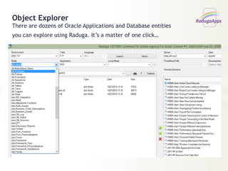Object Explorer
There are dozens of Oracle Applications and Database entities
you can explore using Raduga. It’s a matter of one click…
 