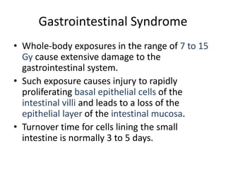 Gastrointestinal Syndrome
• Whole-body exposures in the range of 7 to 15
Gy cause extensive damage to the
gastrointestinal system.
• Such exposure causes injury to rapidly
proliferating basal epithelial cells of the
intestinal villi and leads to a loss of the
epithelial layer of the intestinal mucosa.
• Turnover time for cells lining the small
intestine is normally 3 to 5 days.
 